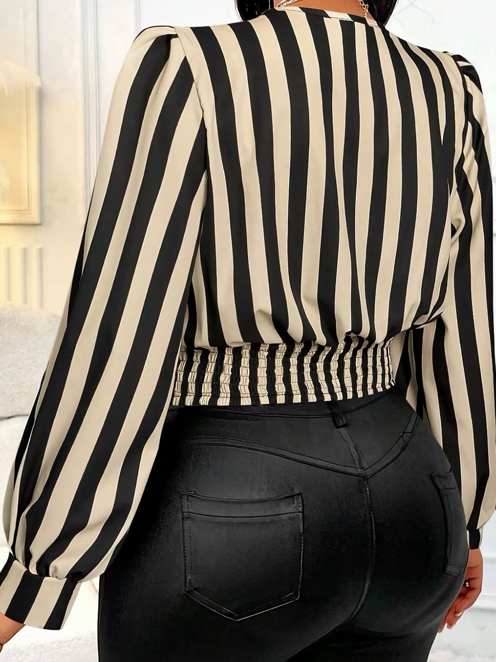 Black & Cream Striped V-Neck Wrap Blouse - Picture 6 of 6